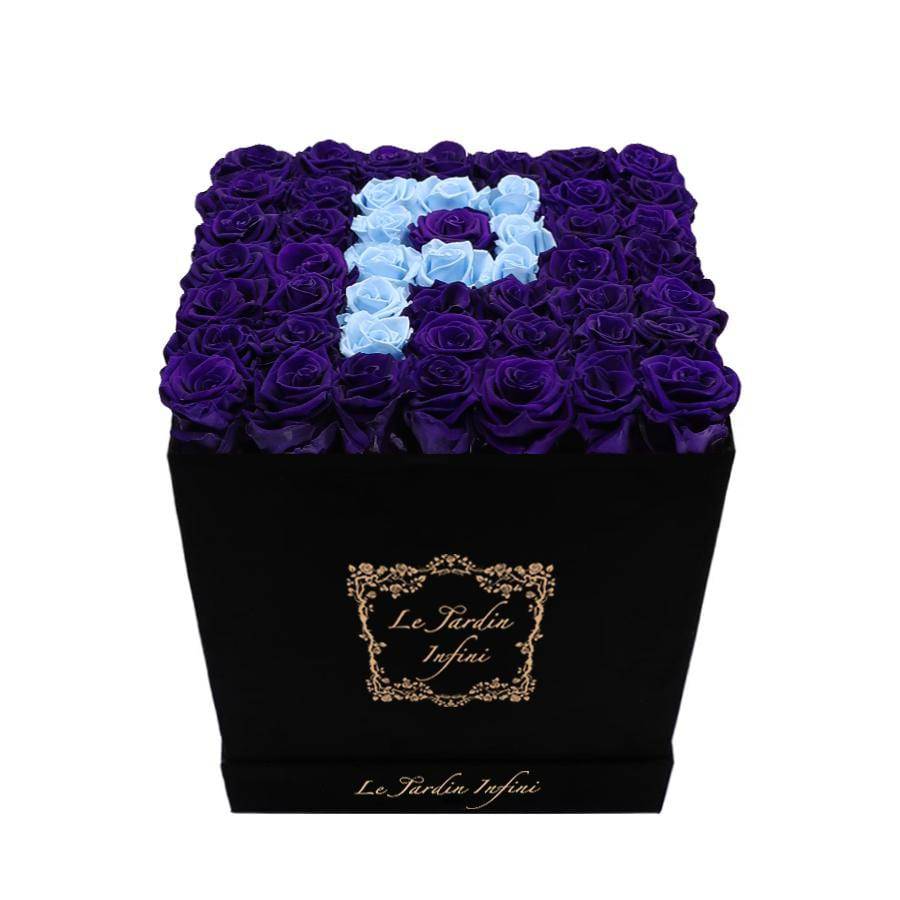Letter P Baby Blue & Purple Preserved Roses - Large Square Luxury Black Suede Box