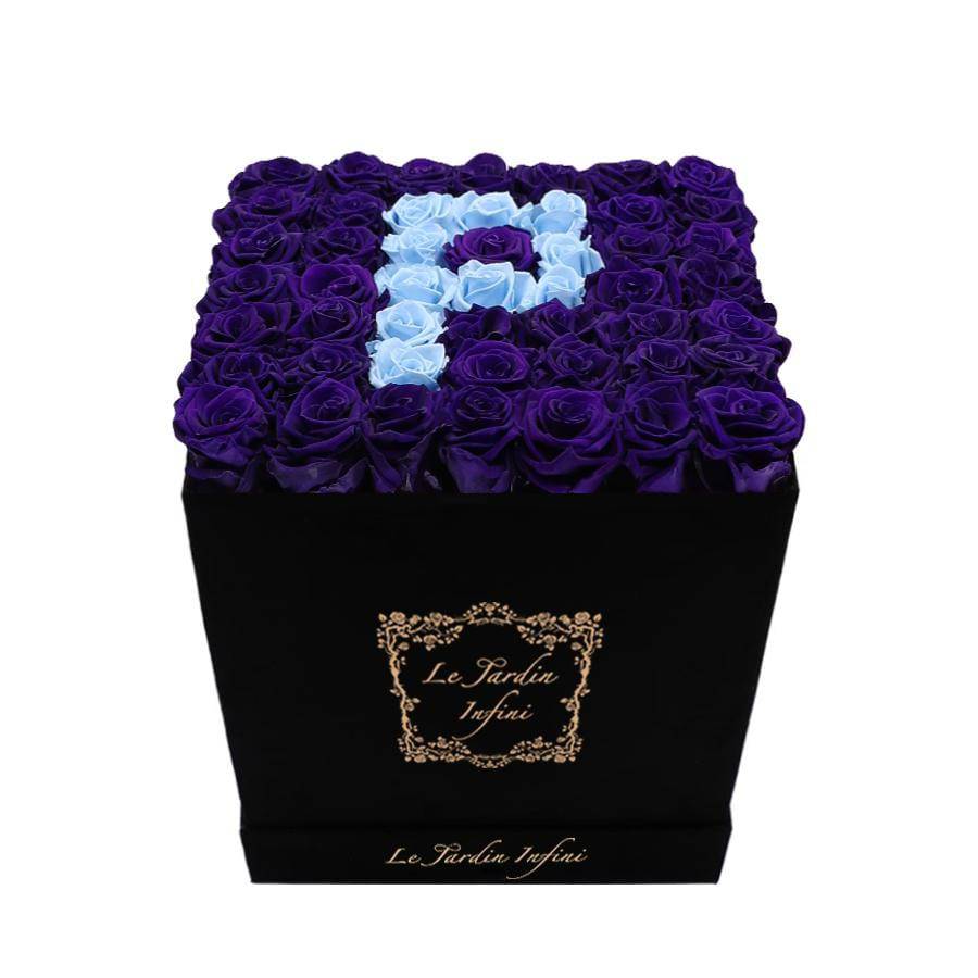 Letter P Baby Blue & Purple Preserved Roses - Large Square Luxury Black Suede Box - Le Jardin Infini Roses in a Box