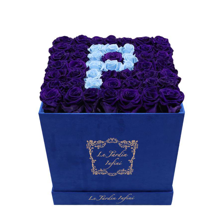 Letter P Baby Blue & Purple Preserved Roses - Large Square Luxury Blue Suede Box - Le Jardin Infini Roses in a Box