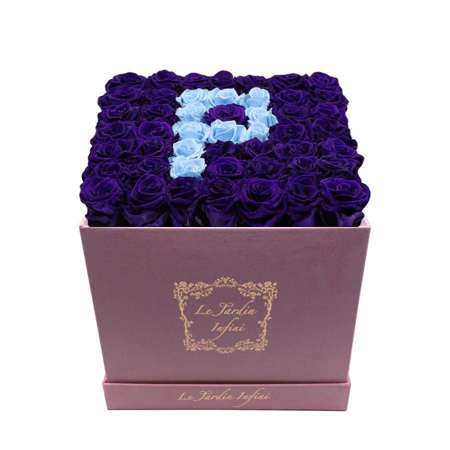 Letter P Baby Blue & Purple Preserved Roses - Large Square Luxury Pink Suede Box