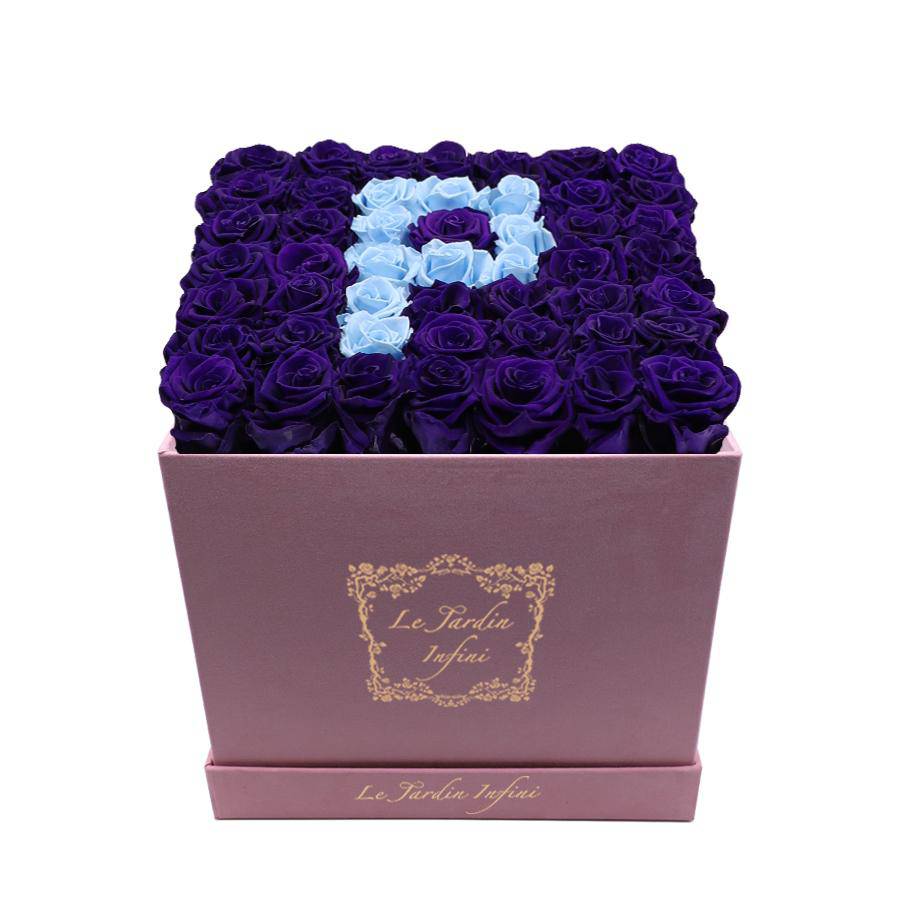 Letter P Baby Blue & Purple Preserved Roses - Large Square Luxury Pink Suede Box - Le Jardin Infini Roses in a Box