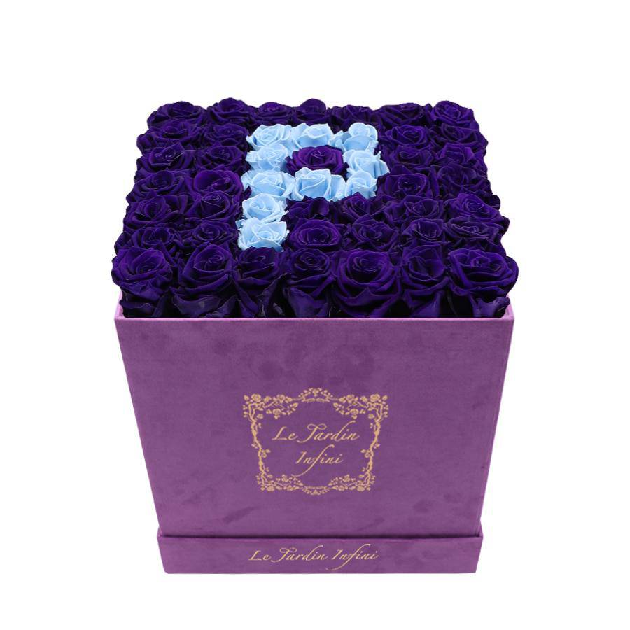 Letter P Baby Blue & Purple Preserved Roses - Large Square Luxury Purple Suede Box - Le Jardin Infini Roses in a Box