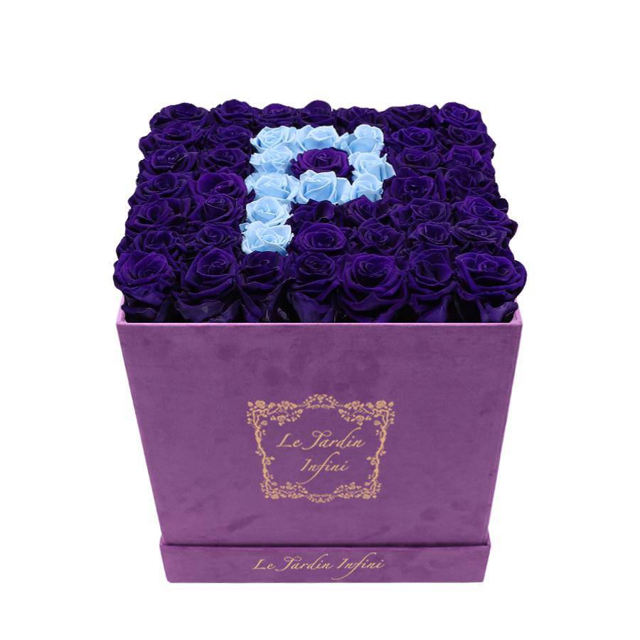Letter P Baby Blue & Purple Preserved Roses - Large Square Luxury Purple Suede Box