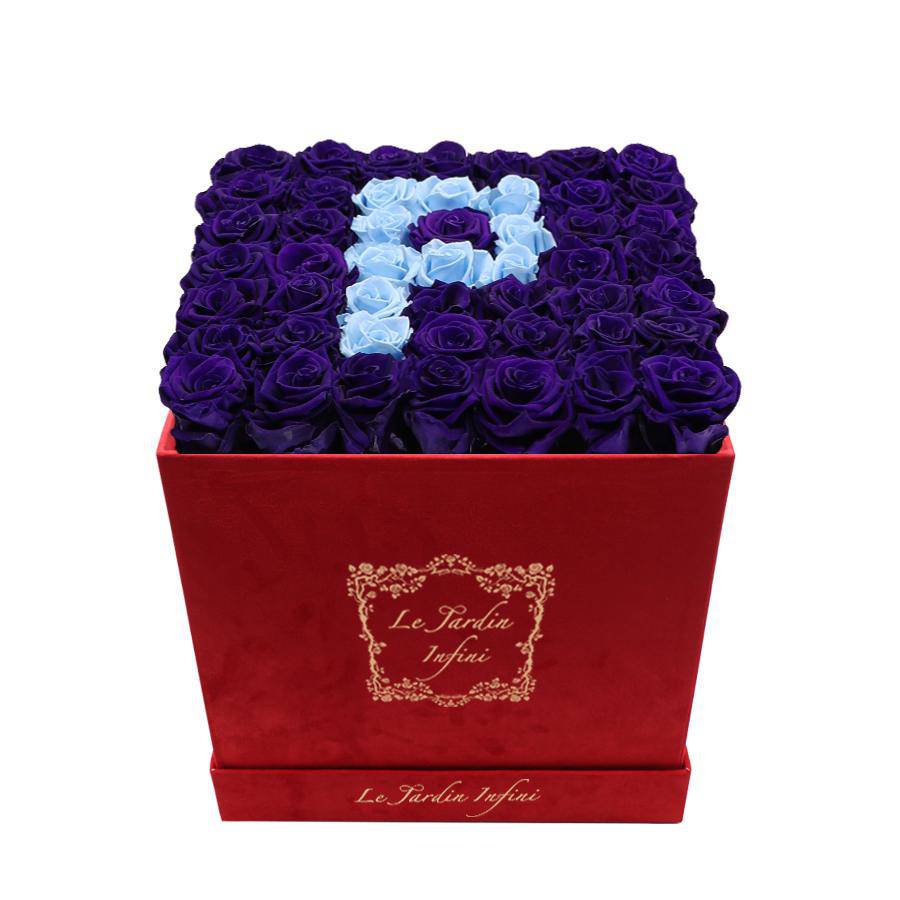 Letter P Baby Blue & Purple Preserved Roses - Large Square Luxury Red Suede Box - Le Jardin Infini Roses in a Box