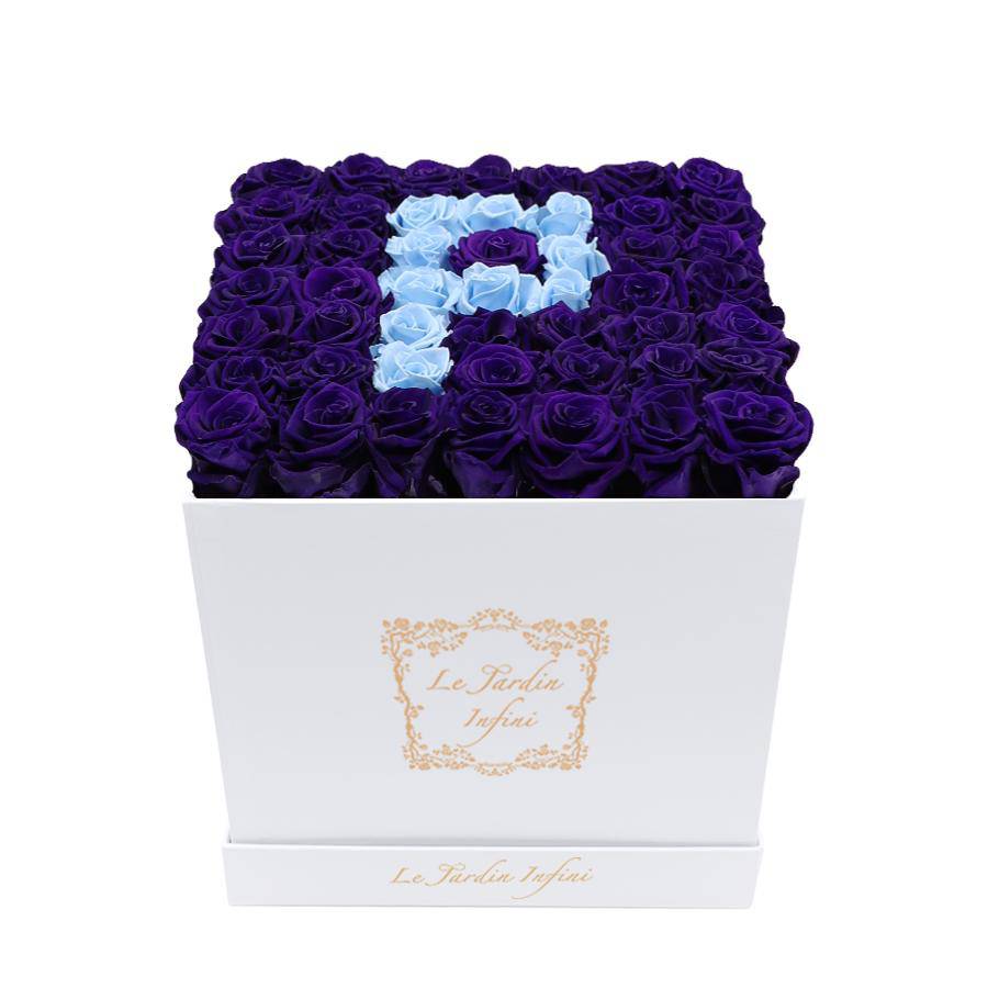 Letter P Baby Blue & Purple Preserved Roses - Large Square Luxury White Box