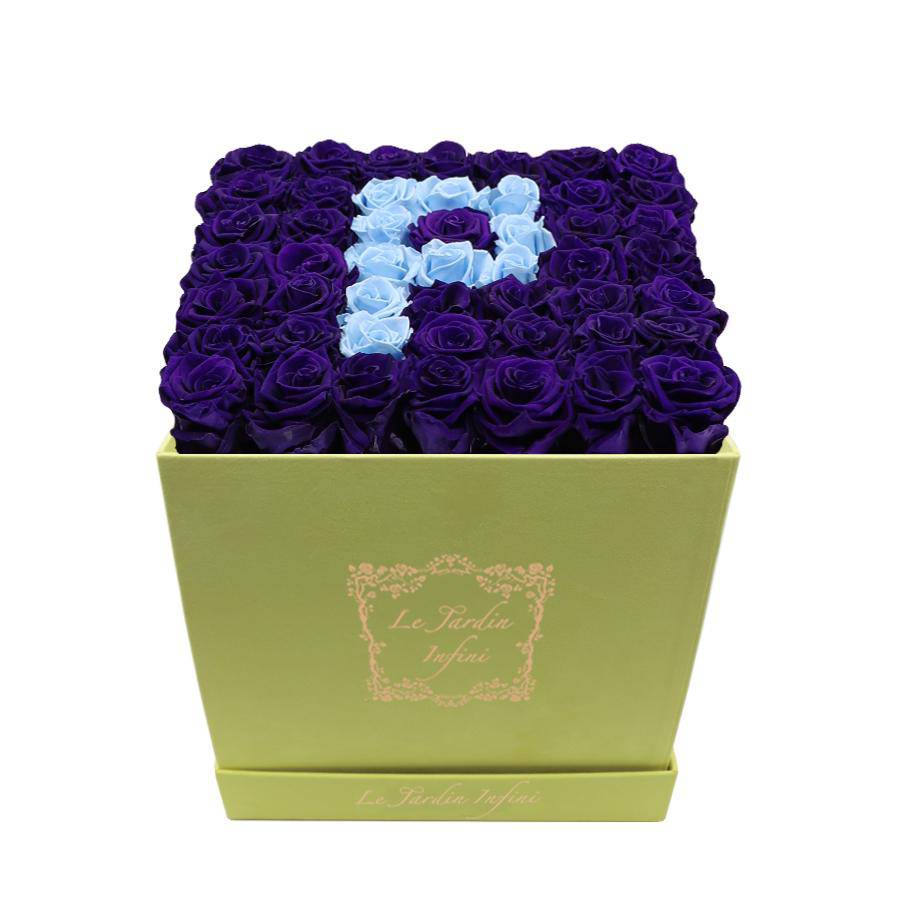 Letter P Baby Blue & Purple Preserved Roses - Large Square Luxury Yellow Suede Box