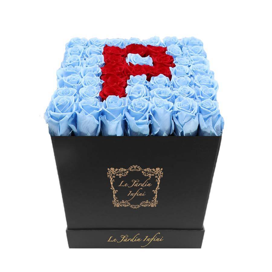 Letter P Red & Blue Preserved Roses Eternal Flowers - Large Square Luxury Black Box - Le Jardin Infini Roses in a Box