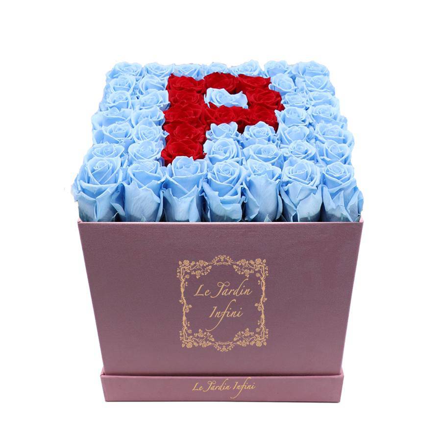 Letter P Red & Blue Preserved Roses Eternal Flowers - Large Square Luxury Pink Suede Box - Le Jardin Infini Roses in a Box