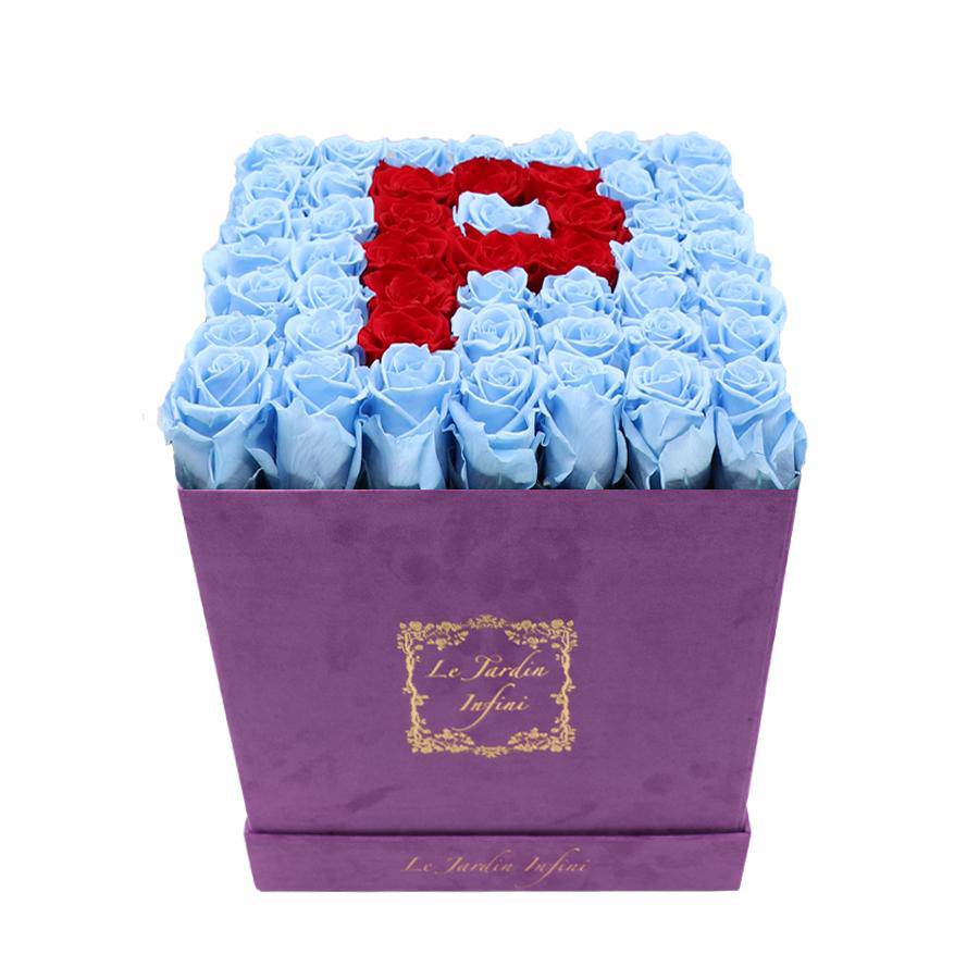 Letter P Red & Blue Preserved Roses Eternal Flowers - Large Square Luxury Purple Suede Box