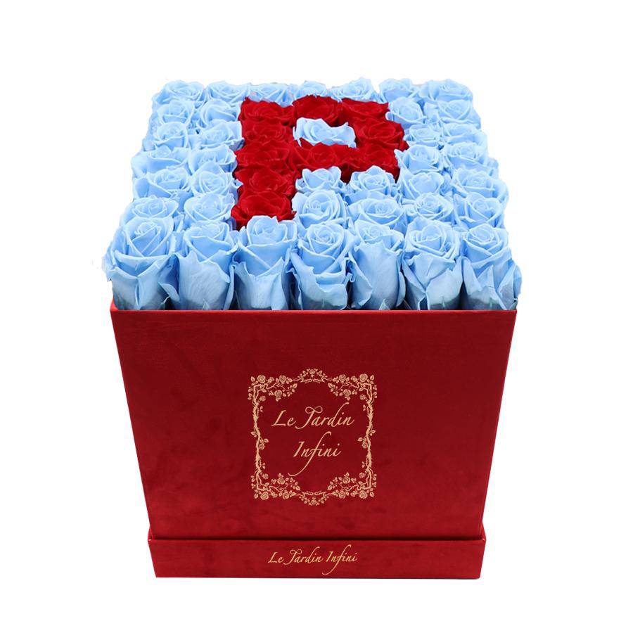 Letter P Red & Blue Preserved Roses Eternal Flowers - Large Square Luxury Red Suede Box - Le Jardin Infini Roses in a Box