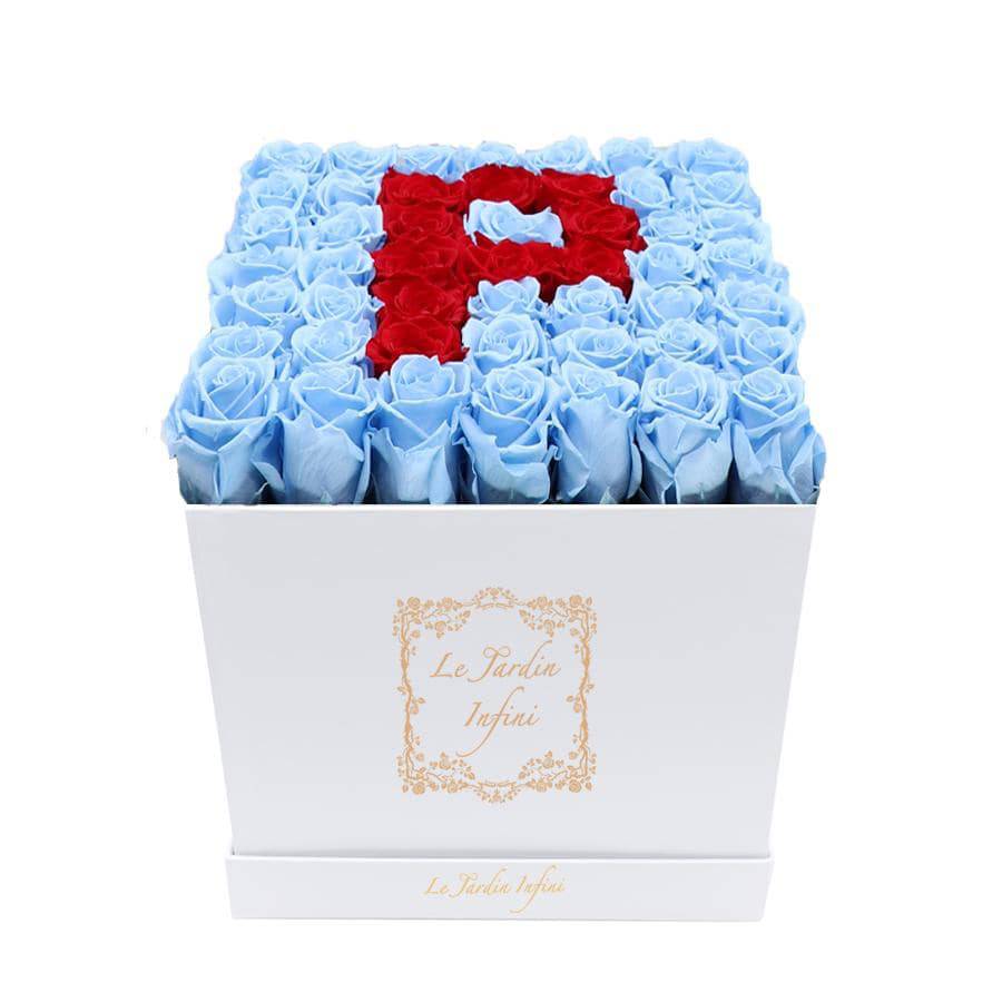 Letter P Red & Blue Preserved Roses Eternal Flowers - Large Square Luxury White Box - Le Jardin Infini Roses in a Box