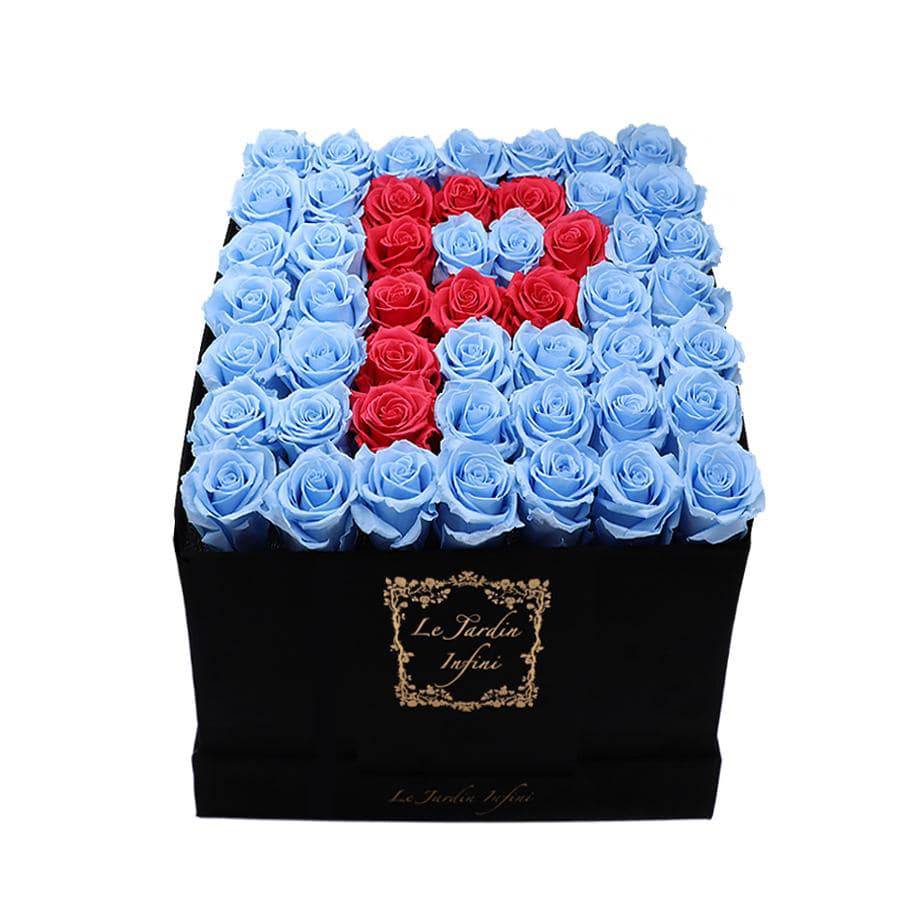 Letter P Red & Sky Blue Preserved Roses - Luxury Large Square Suede Black Box