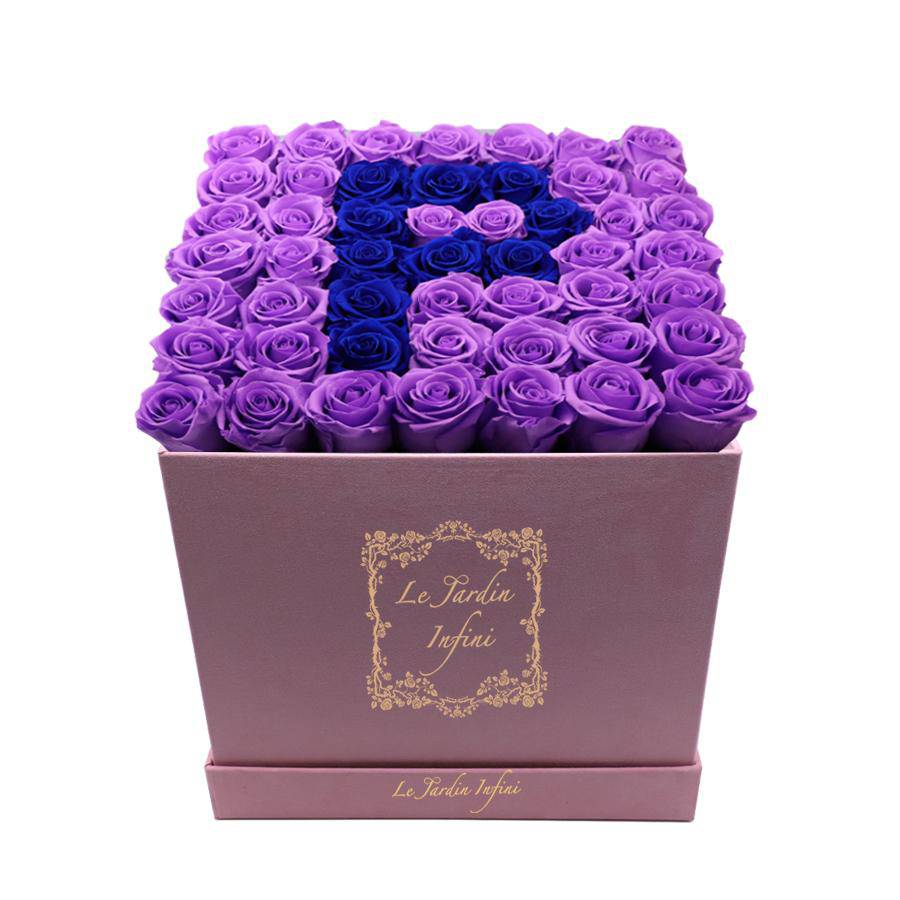 Letter P Royal Blue & Lilac Preserved Roses - Large Square Luxury Pink Suede Box - Le Jardin Infini Roses in a Box