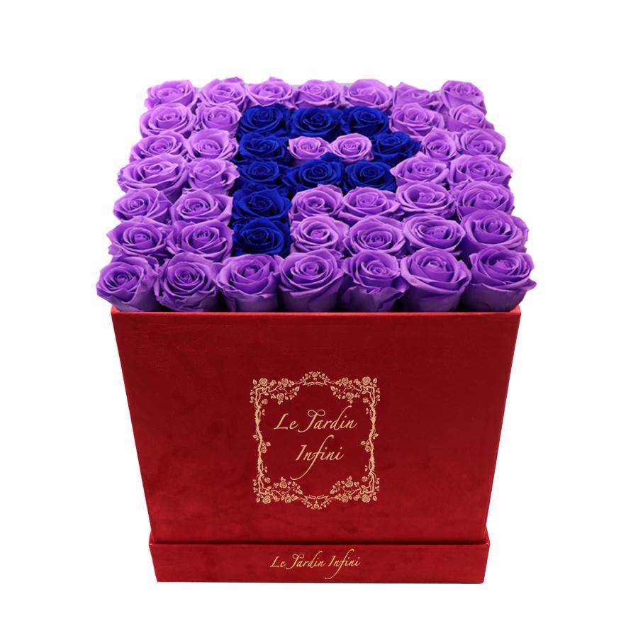 Letter P Royal Blue & Lilac Preserved Roses - Large Square Luxury Red Suede Box