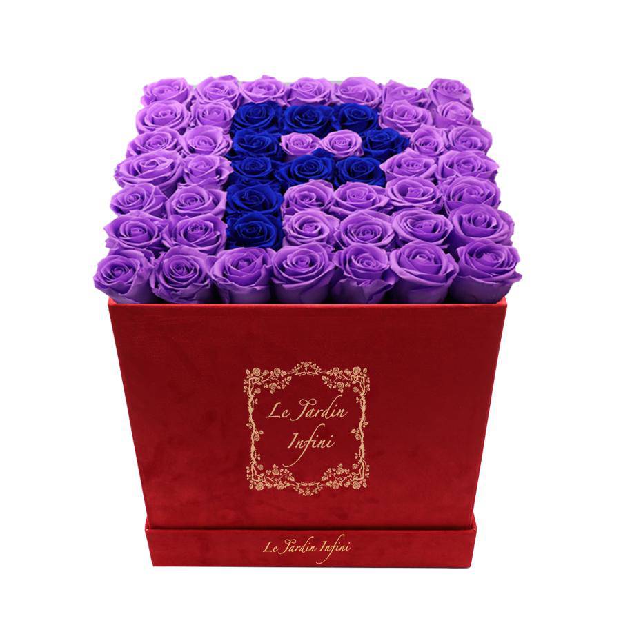 Letter P Royal Blue & Lilac Preserved Roses - Large Square Luxury Red Suede Box - Le Jardin Infini Roses in a Box