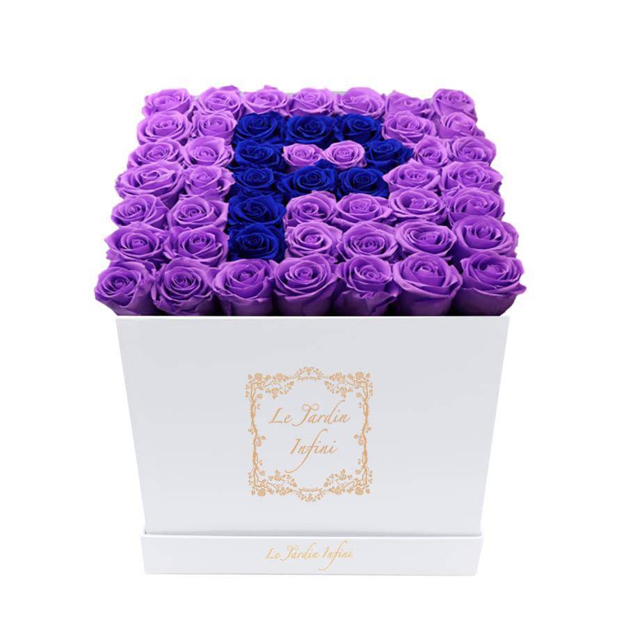 Letter P Royal Blue & Lilac Preserved Roses - Large Square Luxury White Box