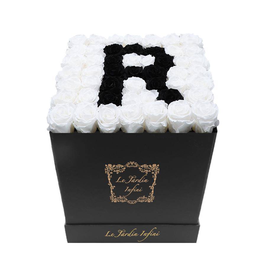 Letter R Black & White Preserved Roses - Large Square Luxury Black Box