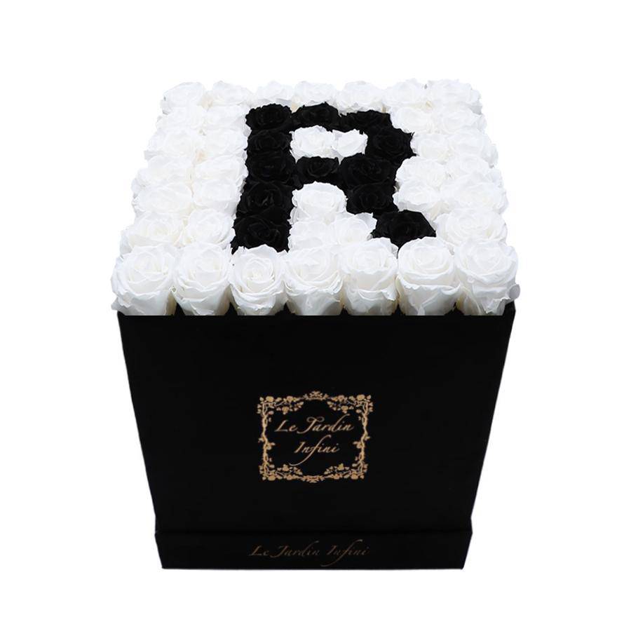 Letter R Black & White Preserved Roses - Large Square Luxury Black Suede Box