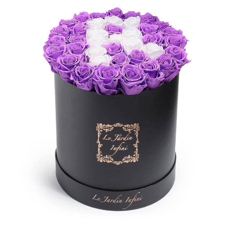 Letter R Bright Lilac & White Preserved Roses - Large Round Black Box