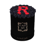 Letter R Red & Black Preserved Roses - Large Round Black Suede Box - Le Jardin Infini Roses in a Box