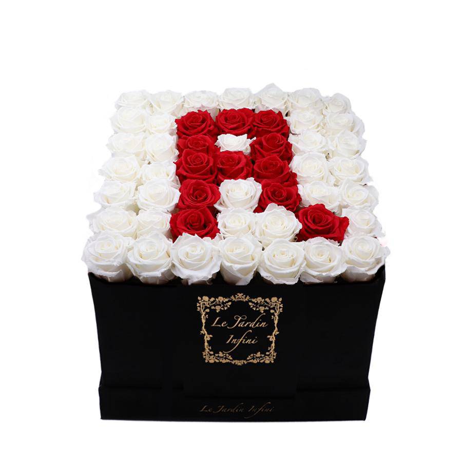 Letter R Red & White Preserved Roses - Large Square Luxury Black Suede Box