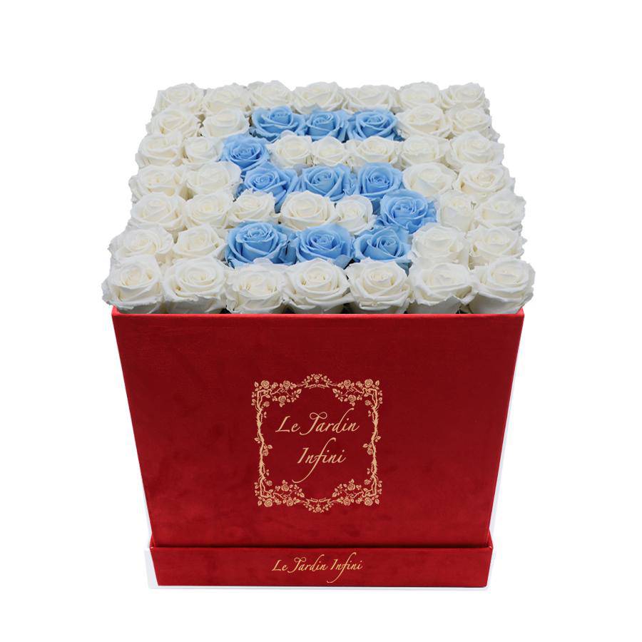 Letter S Baby Blue & White Preserved Roses - Large Square Luxury Red Suede Box - Le Jardin Infini Roses in a Box