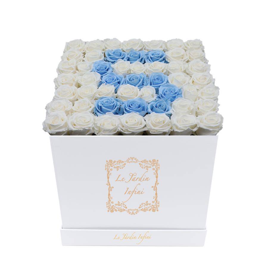 Letter S Baby Blue & White Preserved Roses - Large Square Luxury White Box