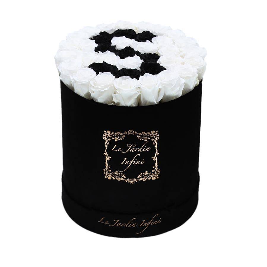 Letter S Black & White Preserved Roses - Large Round Black Suede Box