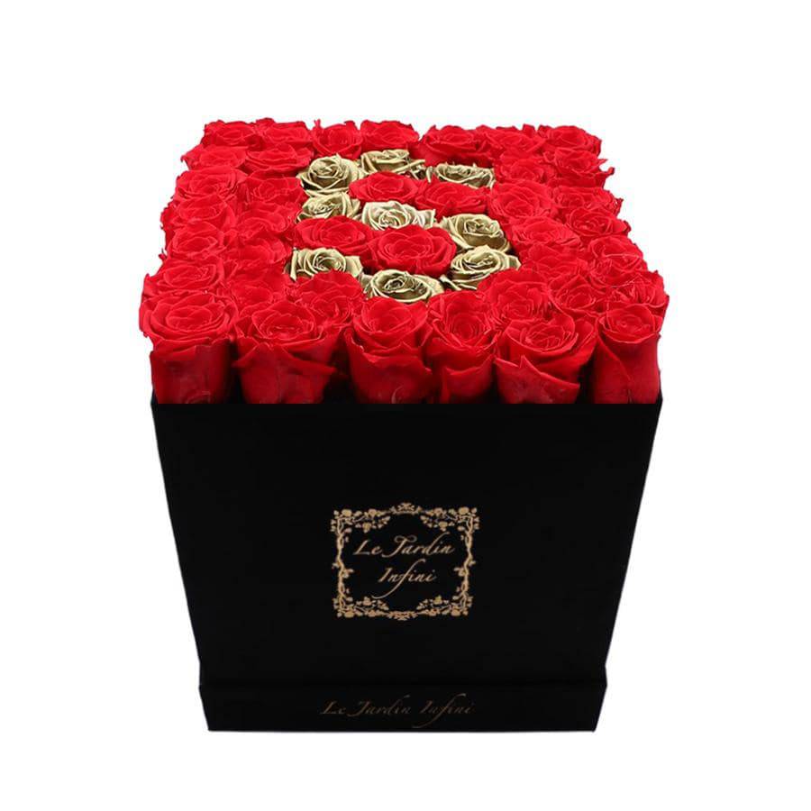 Letter S Gold & Red Preserved Roses - Large Square Luxury Black Suede Box - Le Jardin Infini Roses in a Box