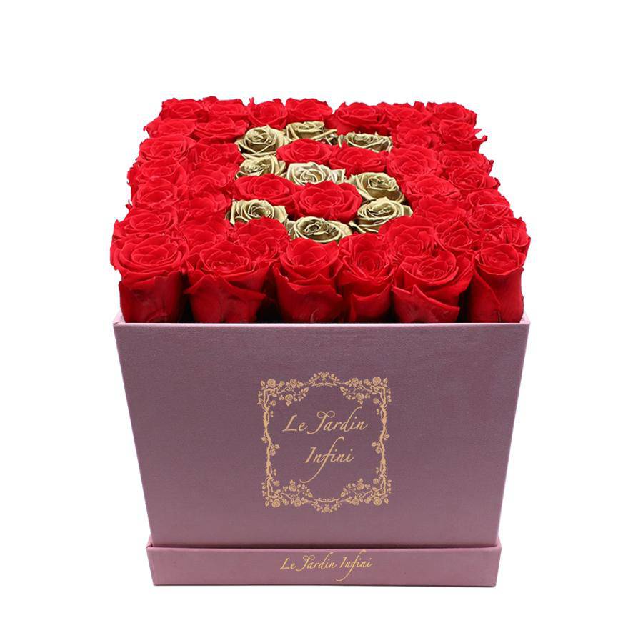 Letter S Gold & Red Preserved Roses - Large Square Luxury Pink Suede Box - Le Jardin Infini Roses in a Box