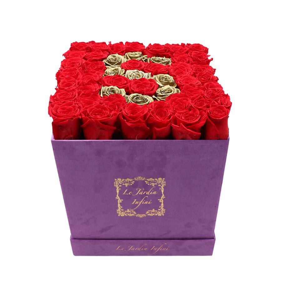 Letter S Gold & Red Preserved Roses - Large Square Luxury Purple Suede Box