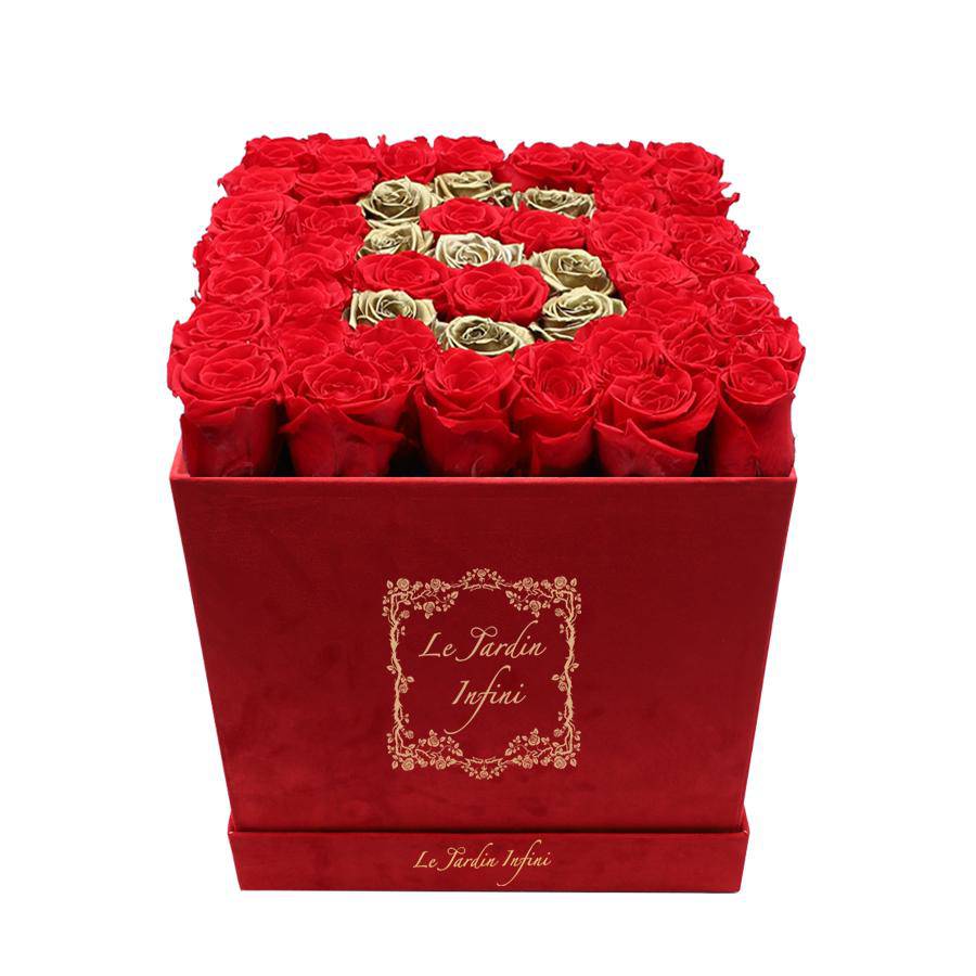 Letter S Gold & Red Preserved Roses - Large Square Luxury Red Suede Box