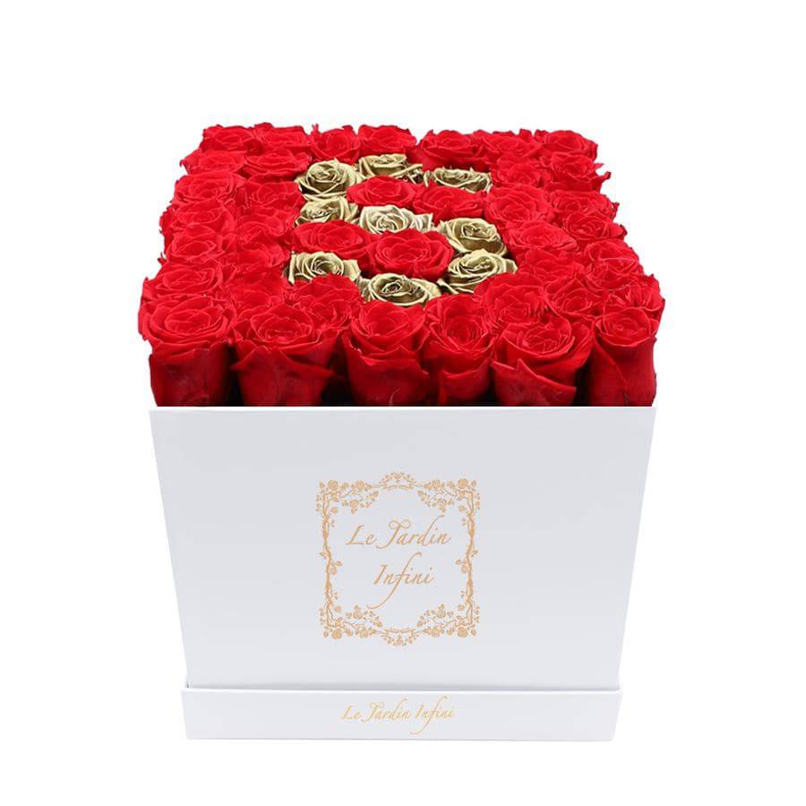 Letter S Gold & Red Preserved Roses - Large Square Luxury White Box - Le Jardin Infini Roses in a Box