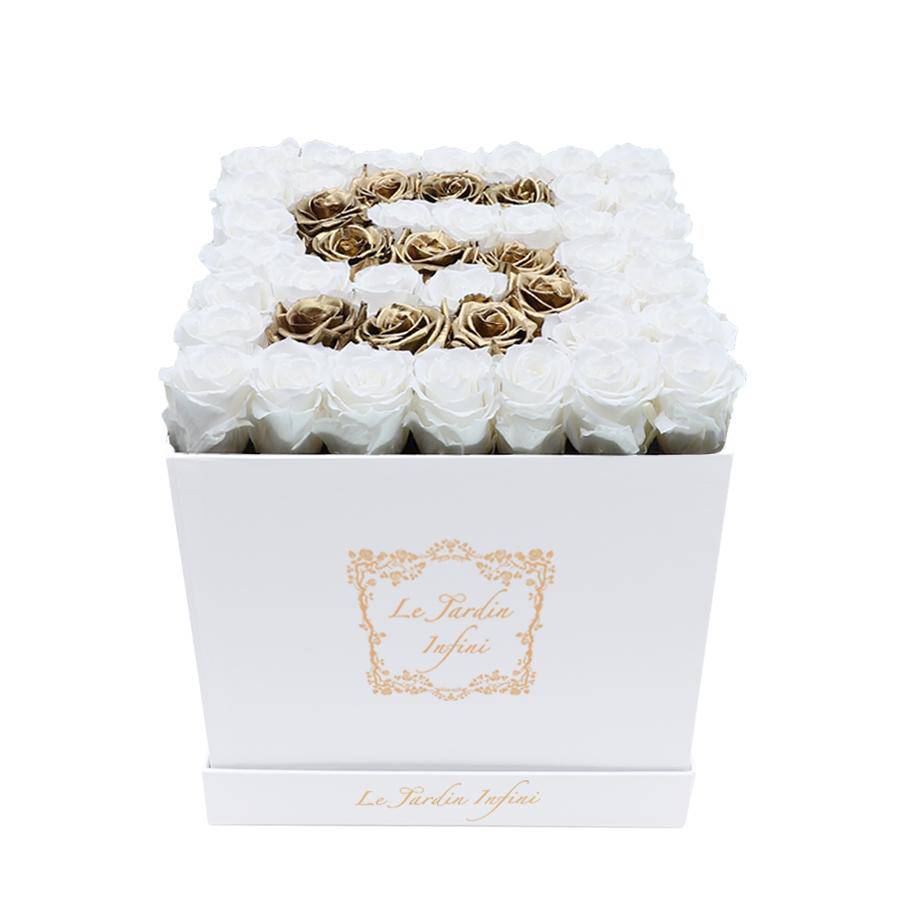 Letter S Gold & White Preserved Roses - Large Square Luxury White Suede Box - Le Jardin Infini Roses in a Box