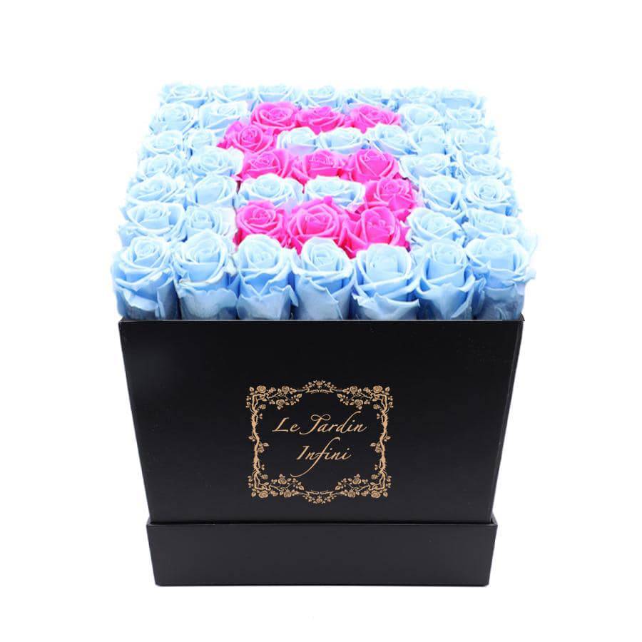 Letter S Hot Pink & Blue Preserved Roses - Large Square Luxury Black Box - Le Jardin Infini Roses in a Box