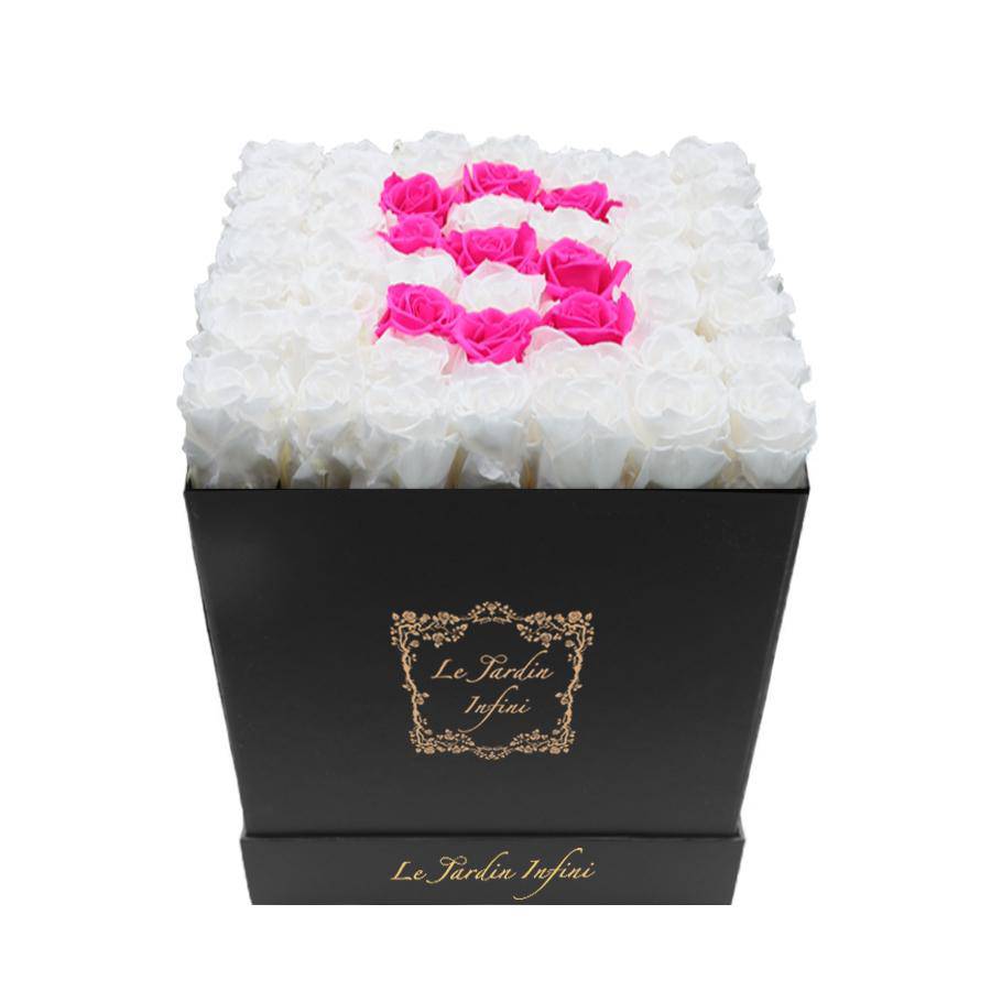 Letter S Hot Pink & White Preserved Roses - Large Square Luxury Black Box - Le Jardin Infini Roses in a Box