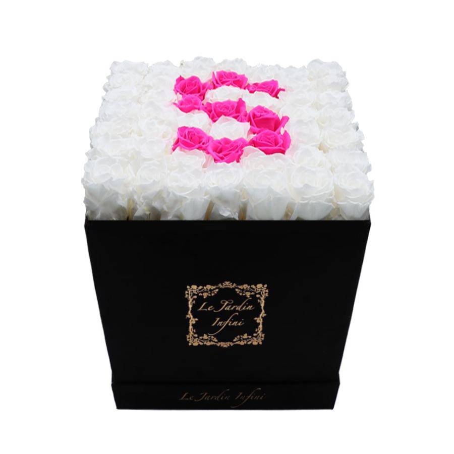 Letter S Hot Pink & White Preserved Roses - Large Square Luxury Black Suede Box