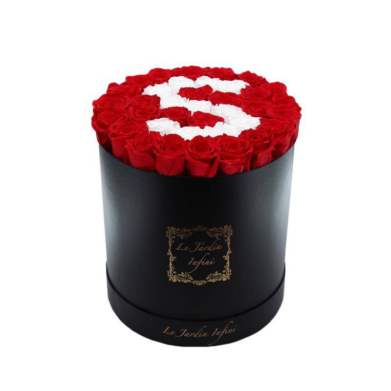 Letter S White & Red Preserved Roses - Large Round Black Box
