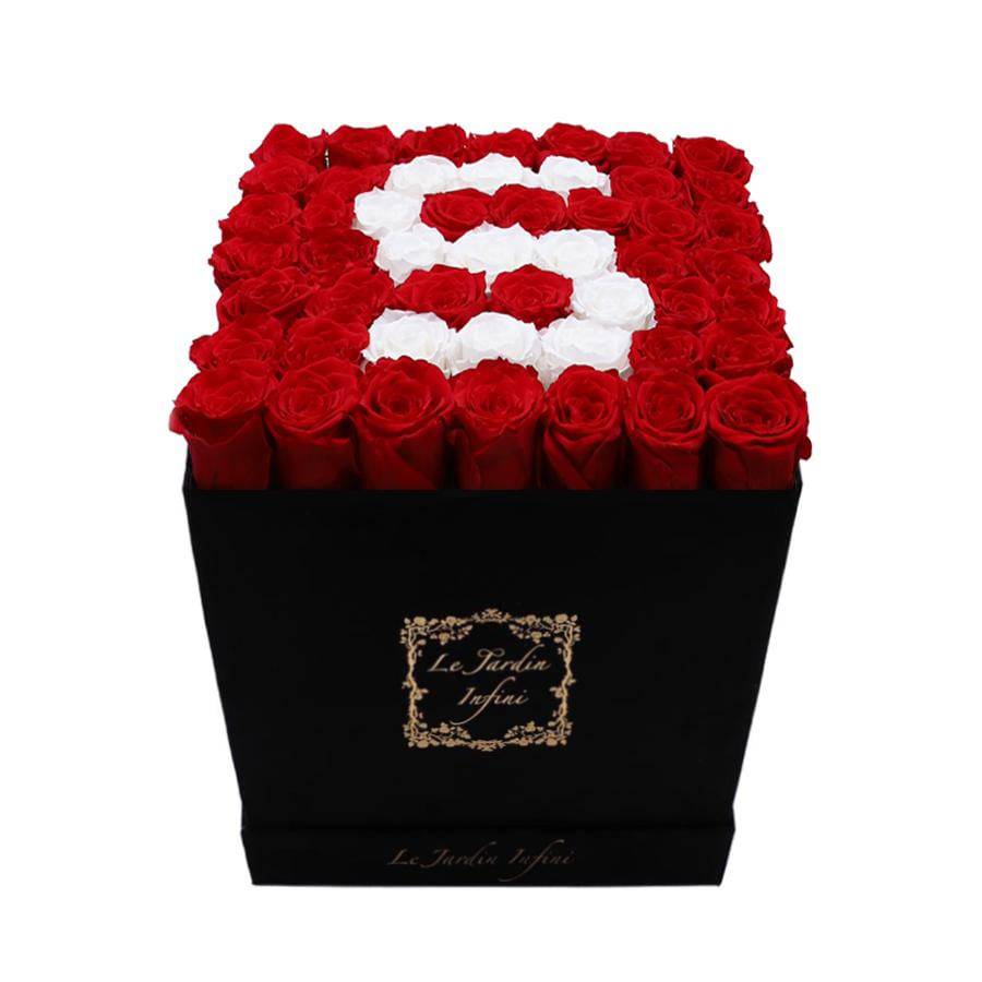Letter S White & Red Preserved Roses - Large Square Luxury Black Suede Box