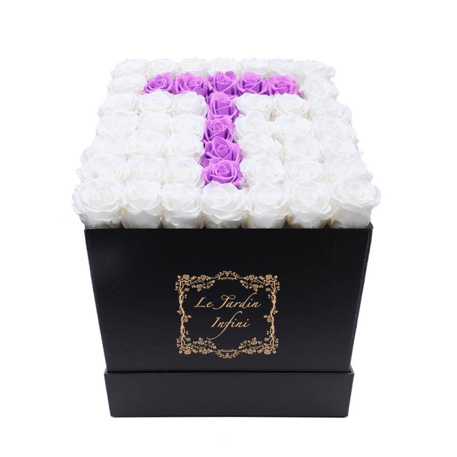 Letter T Lilac & White Preserved Roses - Large Square Luxury Black Box - Le Jardin Infini Roses in a Box