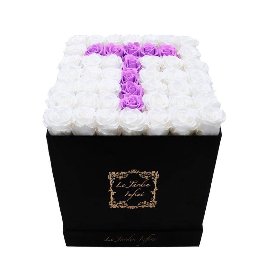 Letter T Lilac & White Preserved Roses - Large Square Luxury Black Suede Box - Le Jardin Infini Roses in a Box