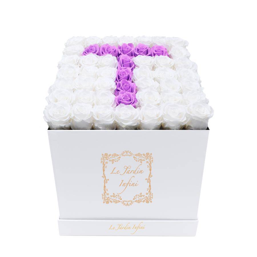 Letter T Lilac & White Preserved Roses - Large Square Luxury White Box