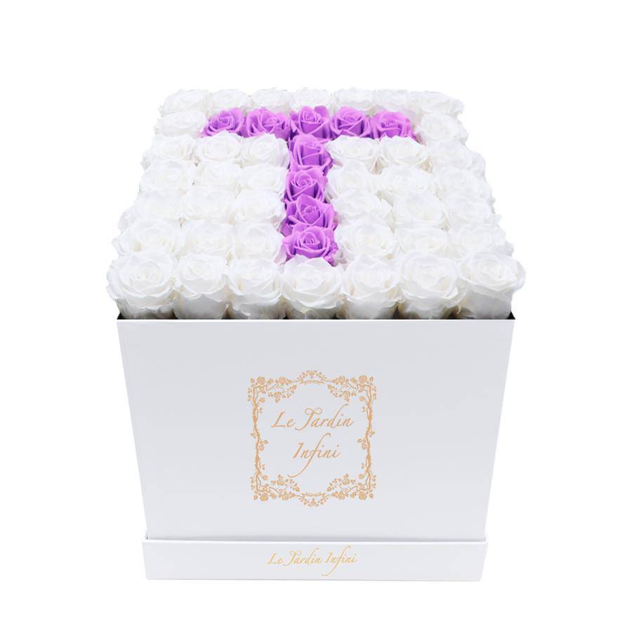 Letter T Lilac & White Preserved Roses - Large Square Luxury White Box - Le Jardin Infini Roses in a Box