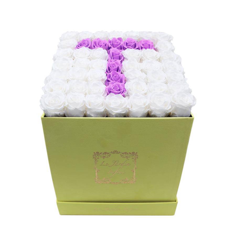 Letter T Lilac & White Preserved Roses - Large Square Luxury Yellow Suede Box - Le Jardin Infini Roses in a Box