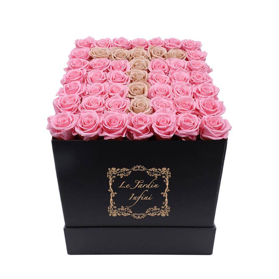 Letter T Pink & Khaki Preserved Roses - Large Square Luxury Black Box - Le Jardin Infini Roses in a Box