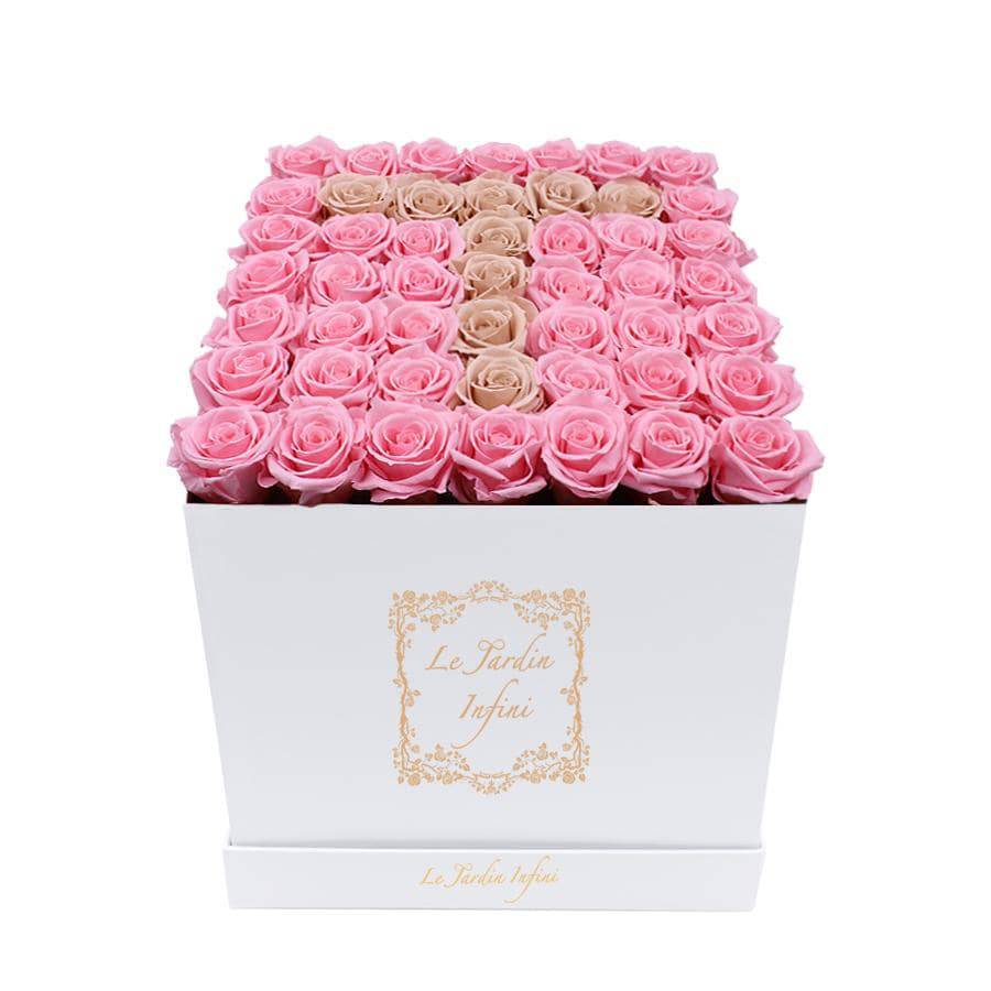 Letter T Pink & Khaki Preserved Roses - Large Square Luxury White Box