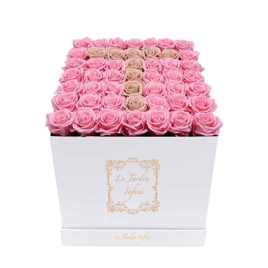 Letter T Pink & Khaki Preserved Roses - Large Square Luxury White Box - Le Jardin Infini Roses in a Box