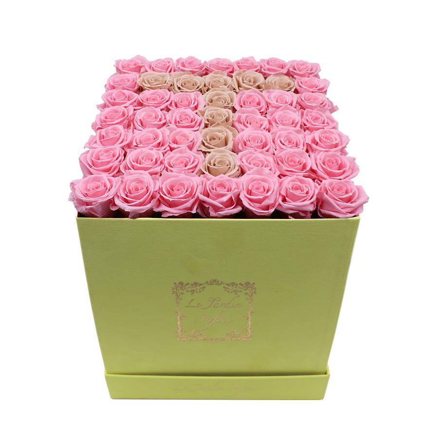 Letter T Pink & Khaki Preserved Roses - Large Square Luxury Yellow Suede Box - Le Jardin Infini Roses in a Box