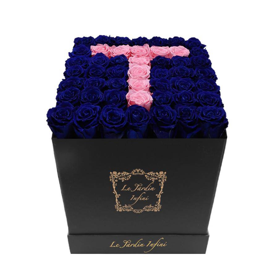 Letter T Pink & Royal Blue Preserved Roses - Large Square Luxury Black Box - Le Jardin Infini Roses in a Box