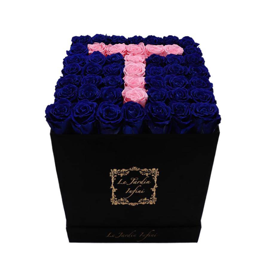 Letter T Pink & Royal Blue Preserved Roses - Large Square Luxury Black Suede Box - Le Jardin Infini Roses in a Box